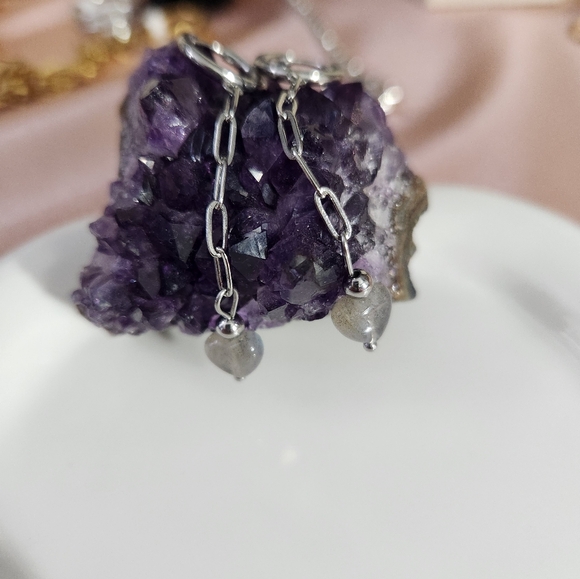 Handmade Labradorite Heart Huggie Drop Earrings - Picture 4 of 6